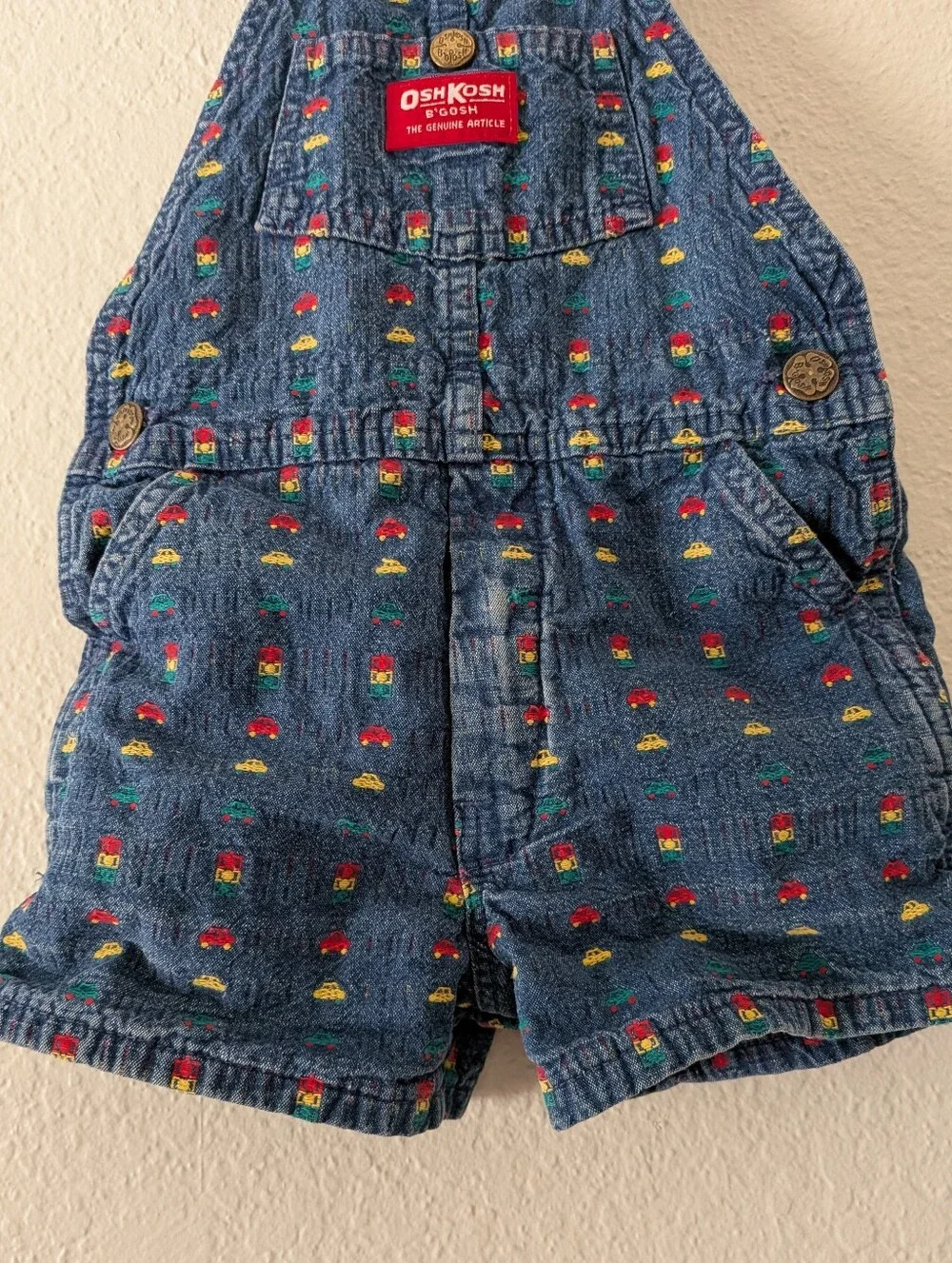 Vintage Oshkosh B'gosh Cars Denim Jean Vestbak Short Overalls Size 4T